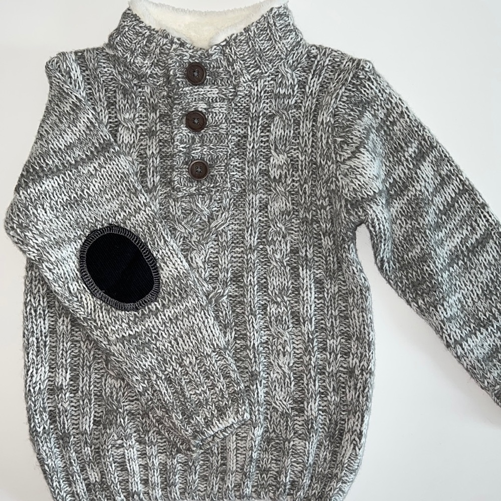 Grey Toddler Button Sweater {Fuzzy neck and elbow patches} 24m